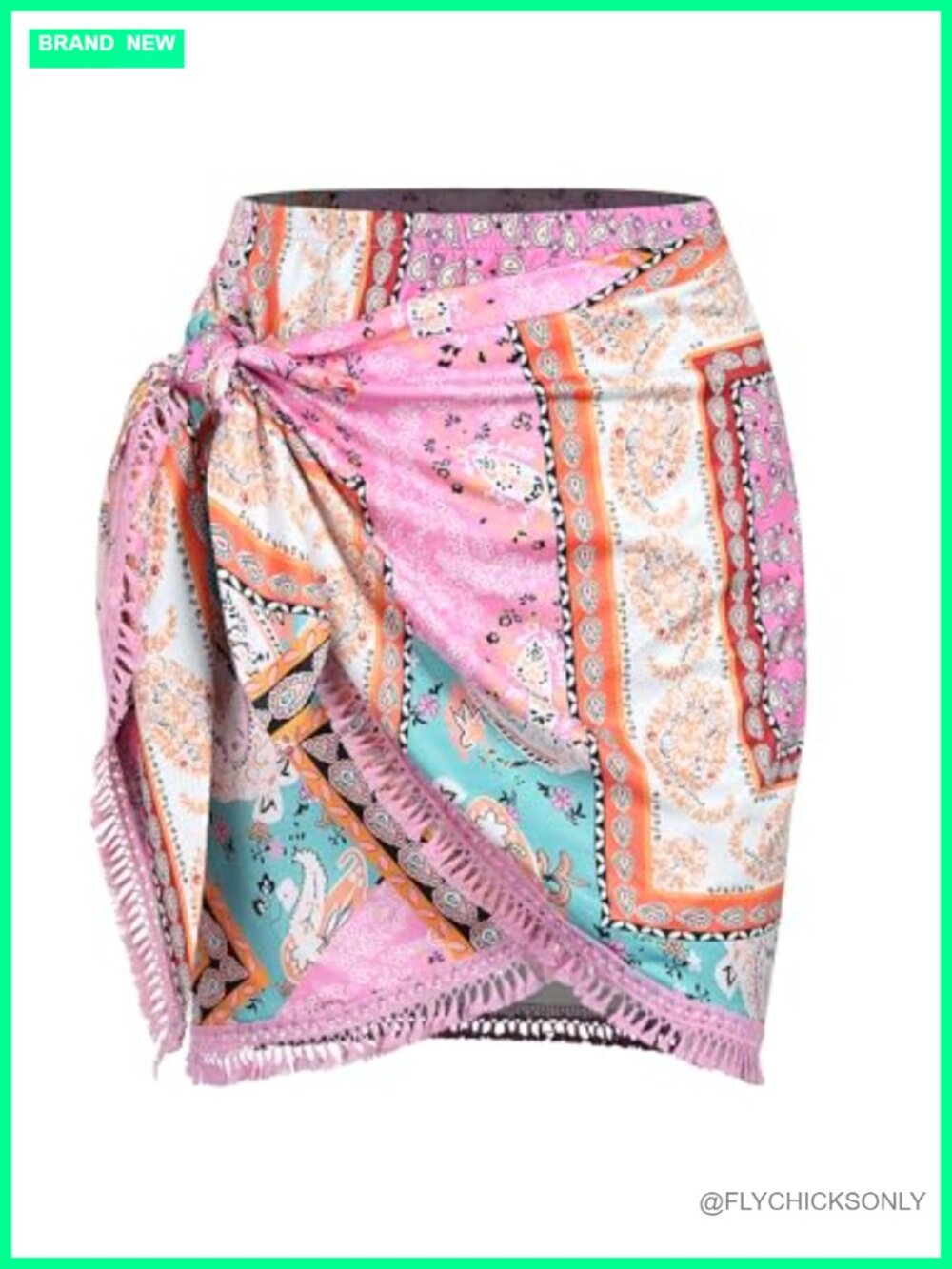 ZAFUL Boho Print Wrap Tassel Slit Mini Skirt for Women High Waist 95% Polyester